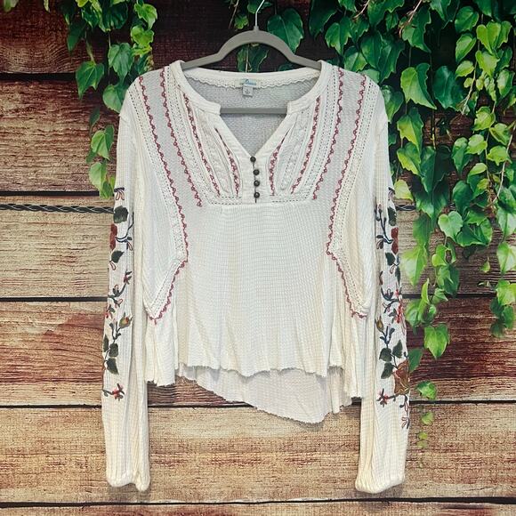 Sundance Waffle Knit Embroidered Long Sleeve Shirt Large Floral Top Blouse Flowy - Picture 1 of 6